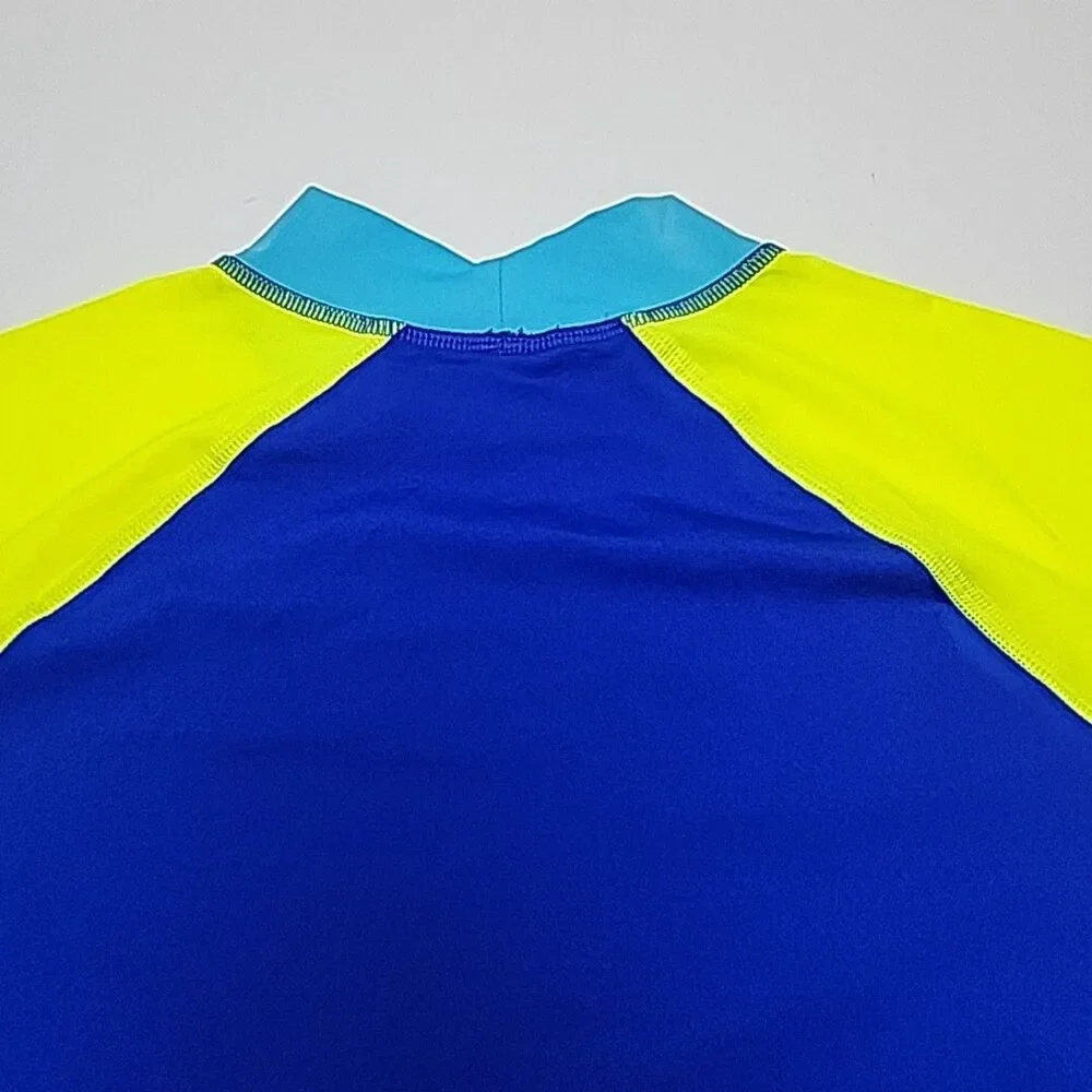Lands End Rash Guard Swim Shirt Blue Yellow Short Sleeve Boy Youth XL 14-16 Mock
